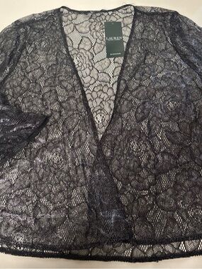 Lauren Ralph Lauren Lace Overlay Women's Flared Sleeve Open Top; Black, L